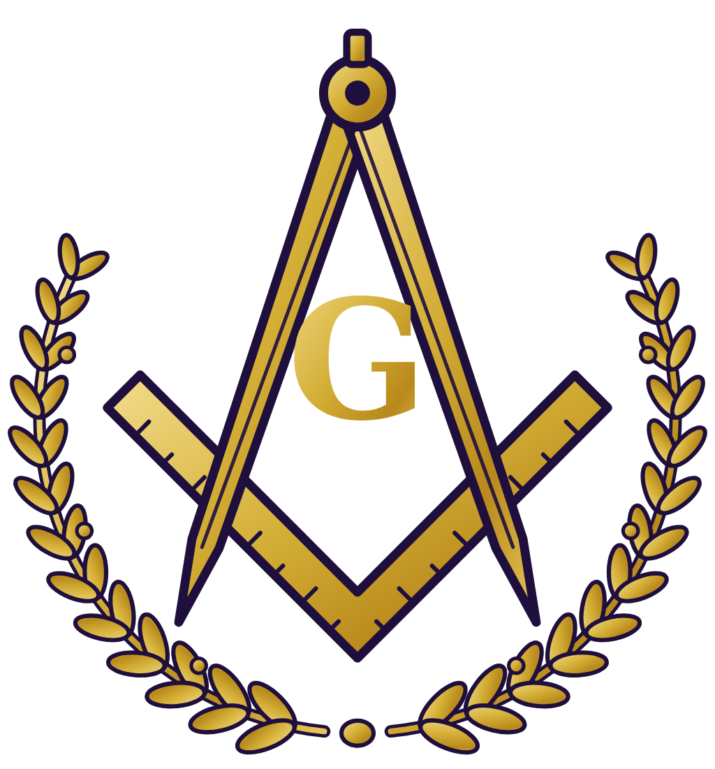 Gold Square and Compasses with the letter G above a wreath of olive branches