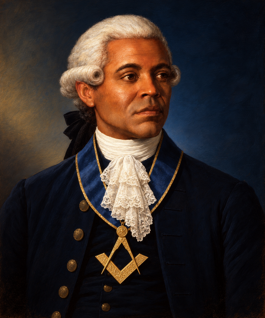 Portrait of Prince Hall in a powdered wig, lace jabot, and navy coat, wearing the Master's jewel of the Square and Compasses